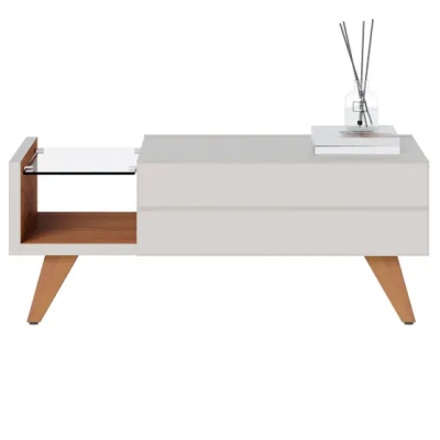 Mesa De Centro com 1 Gaveta e Vidro Noronha Off White Matte Freijó Mesa De Centro com 1 Gaveta e Vidro Noronha Off White Matte Freijó
